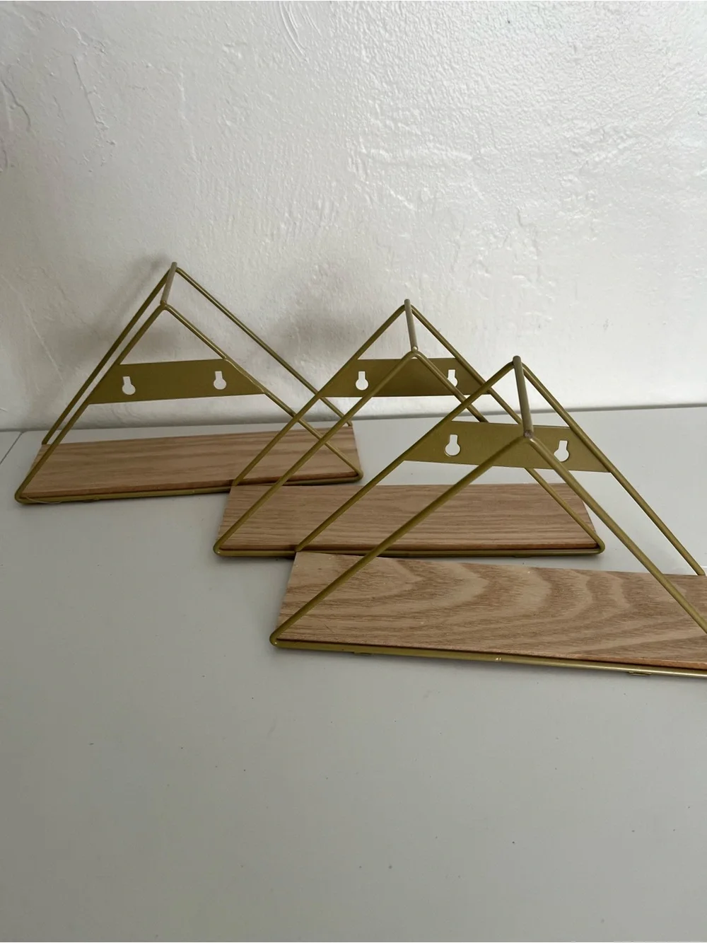 3 Small Shelves Gold Metal & Wood Triangle Wall Shelf Modern Home Wall Decor